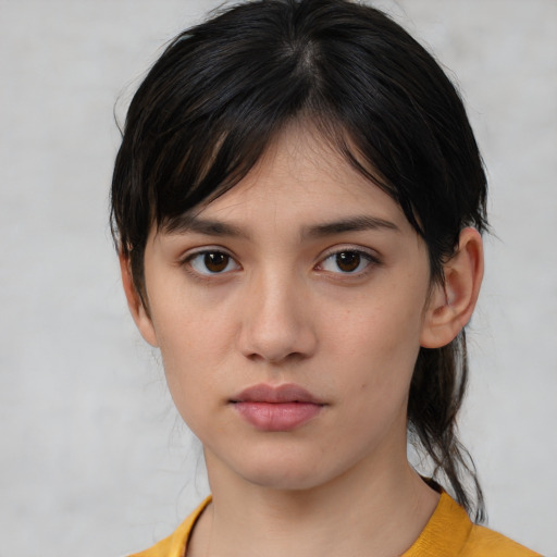 Neutral white young-adult female with medium  brown hair and brown eyes