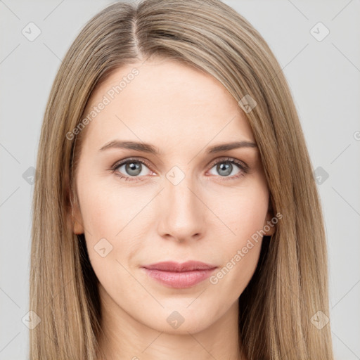 Neutral white young-adult female with long  brown hair and brown eyes