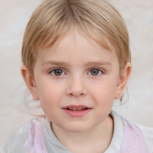 Joyful white child female with medium  brown hair and blue eyes