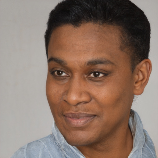 Joyful black young-adult male with short  black hair and brown eyes