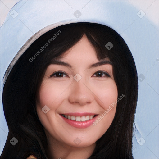 Joyful white young-adult female with long  black hair and brown eyes