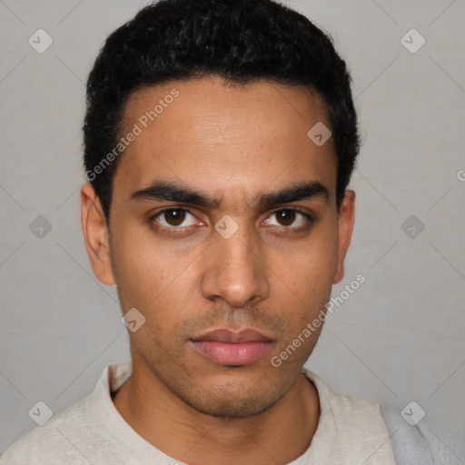 Neutral latino young-adult male with short  black hair and brown eyes