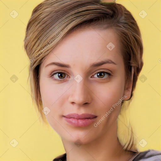 Neutral white young-adult female with medium  brown hair and brown eyes