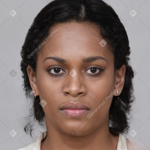 Neutral black young-adult female with short  black hair and brown eyes