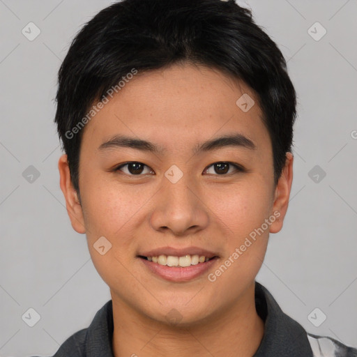 Joyful asian young-adult male with short  brown hair and brown eyes