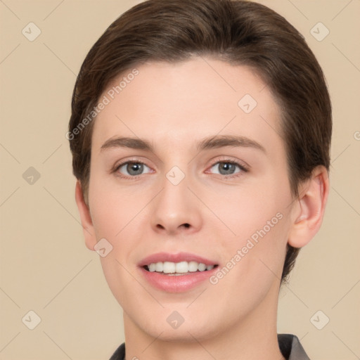 Joyful white young-adult female with short  brown hair and brown eyes