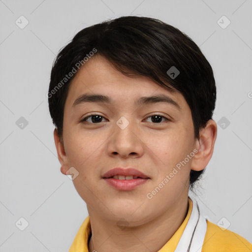 Joyful asian young-adult female with short  brown hair and brown eyes