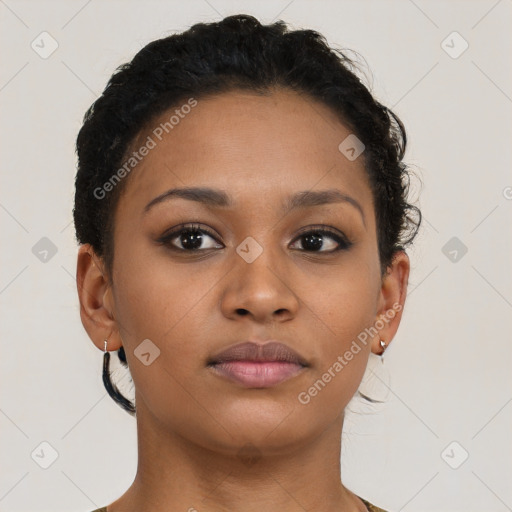 Neutral black young-adult female with short  brown hair and brown eyes