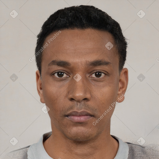 Neutral black young-adult male with short  black hair and brown eyes