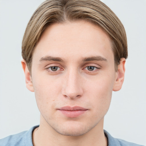 Neutral white young-adult male with short  brown hair and grey eyes