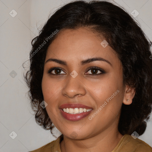 Joyful latino young-adult female with long  brown hair and brown eyes