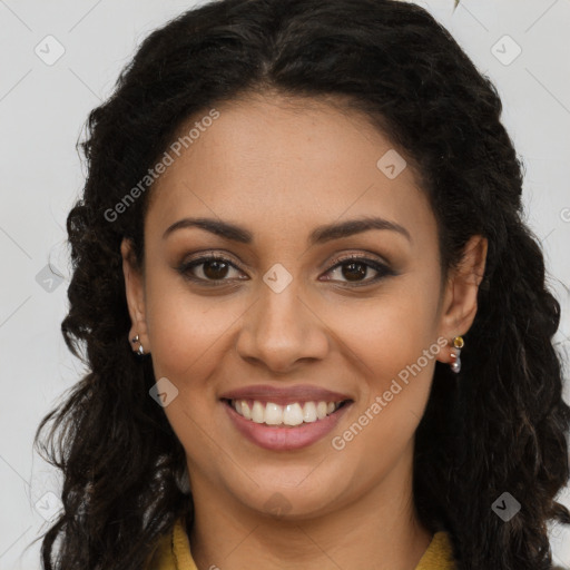 Joyful latino young-adult female with long  brown hair and brown eyes