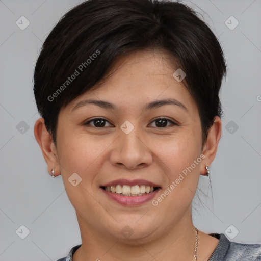 Joyful white young-adult female with short  brown hair and brown eyes