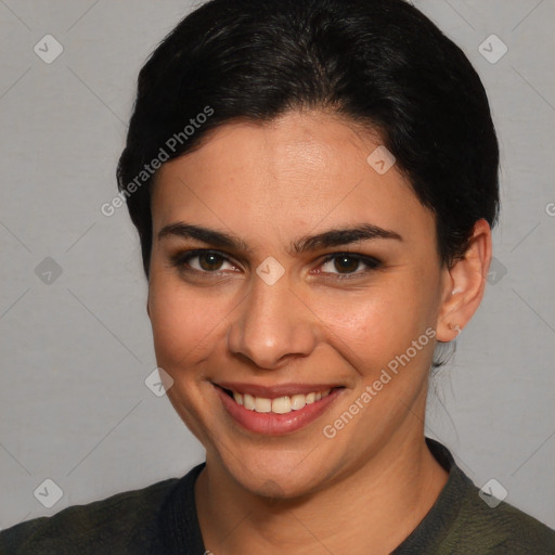 Joyful white young-adult female with medium  brown hair and brown eyes