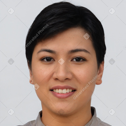 Joyful asian young-adult female with short  black hair and brown eyes