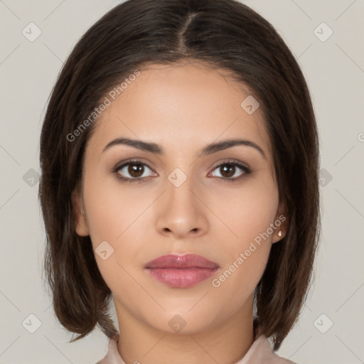 Neutral white young-adult female with medium  brown hair and brown eyes