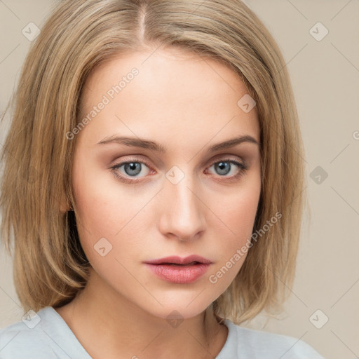 Neutral white young-adult female with medium  brown hair and blue eyes