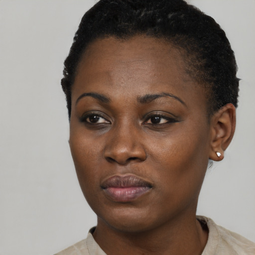 Neutral black young-adult female with short  black hair and brown eyes