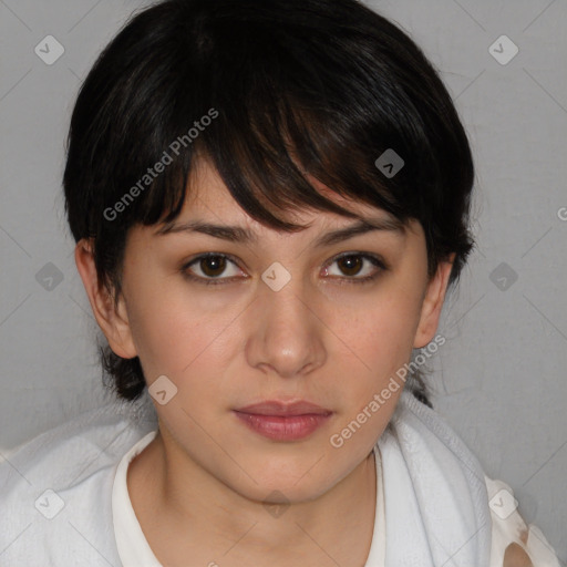 Neutral white young-adult female with medium  brown hair and brown eyes