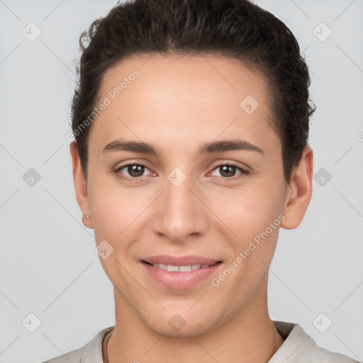 Joyful white young-adult female with short  brown hair and brown eyes