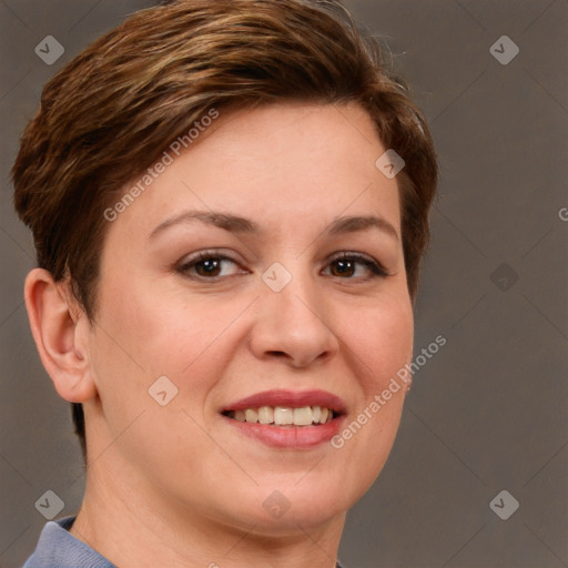 Joyful white young-adult female with short  brown hair and grey eyes