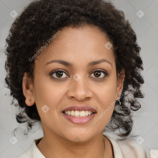 Joyful black young-adult female with medium  brown hair and brown eyes