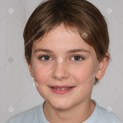 Joyful white child female with medium  brown hair and brown eyes