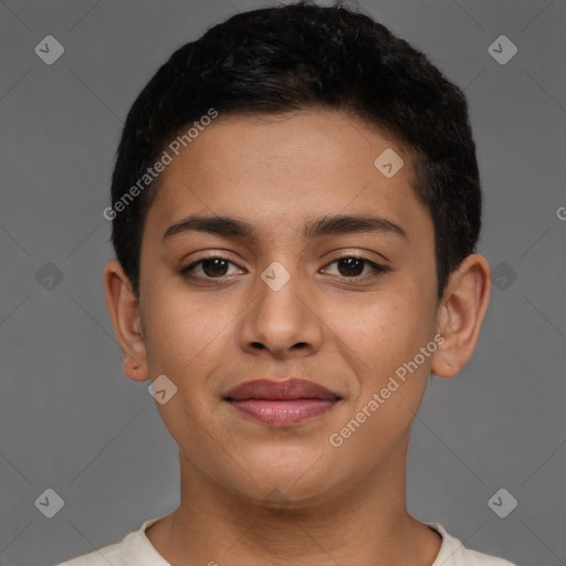 Joyful latino young-adult female with short  brown hair and brown eyes