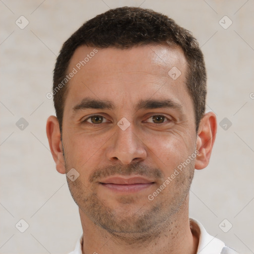 Neutral white young-adult male with short  brown hair and brown eyes