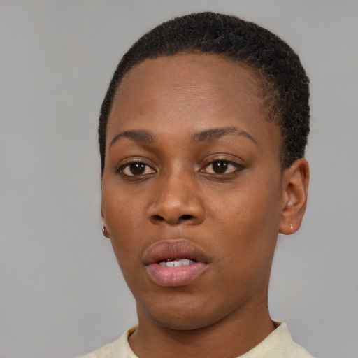 Neutral latino young-adult female with short  black hair and brown eyes