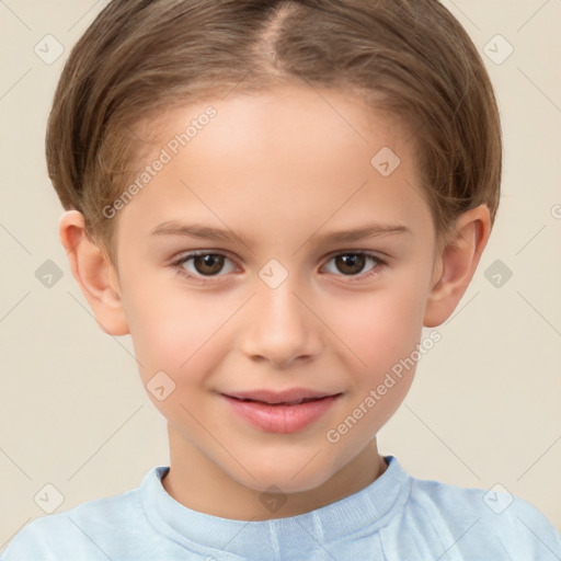 Joyful white child female with short  brown hair and brown eyes