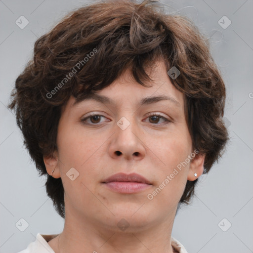 Neutral white young-adult female with medium  brown hair and brown eyes