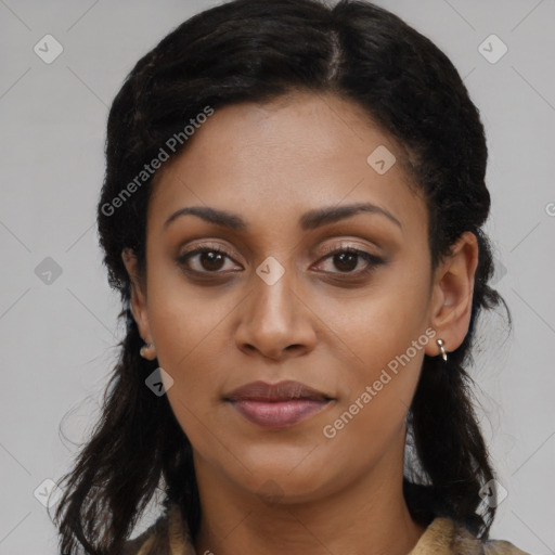 Joyful latino young-adult female with long  brown hair and brown eyes