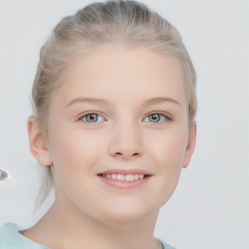 Joyful white child female with medium  blond hair and blue eyes