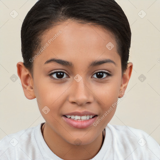 Joyful white child female with short  brown hair and brown eyes