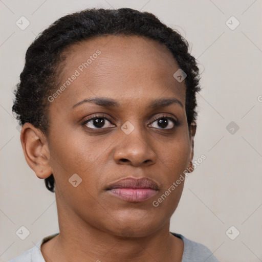 Neutral black young-adult female with short  brown hair and brown eyes