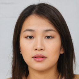 Neutral asian young-adult female with long  brown hair and brown eyes