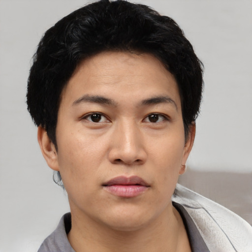 Neutral asian young-adult male with short  black hair and brown eyes