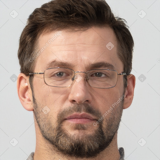 Neutral white adult male with short  brown hair and grey eyes