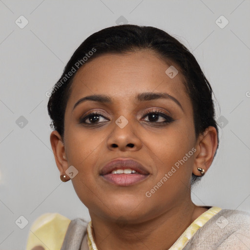 Joyful asian young-adult female with short  brown hair and brown eyes