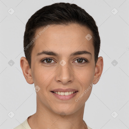 Joyful white young-adult female with short  brown hair and brown eyes