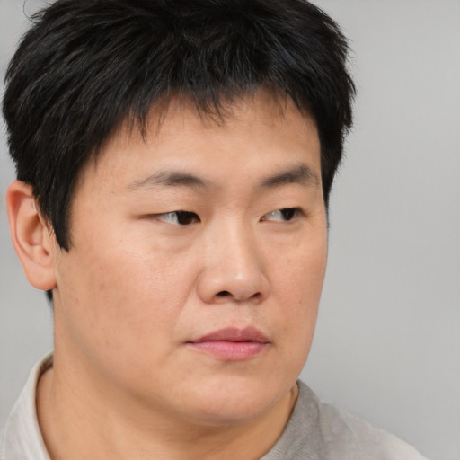 Neutral asian young-adult male with short  brown hair and brown eyes