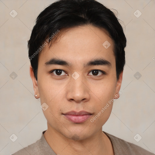 Neutral asian young-adult male with short  black hair and brown eyes