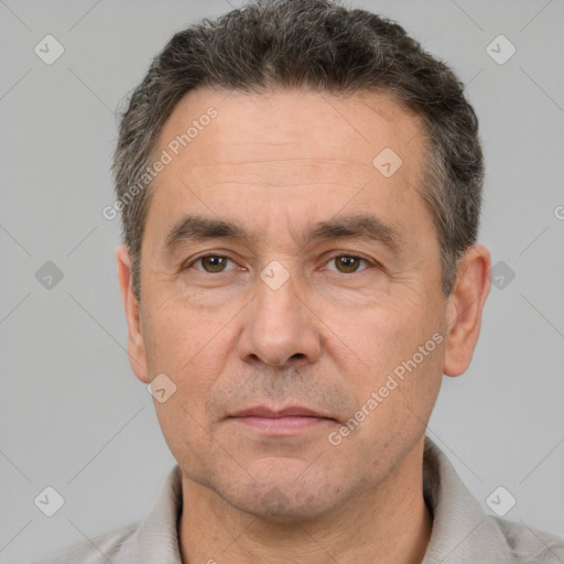 Neutral white adult male with short  brown hair and brown eyes