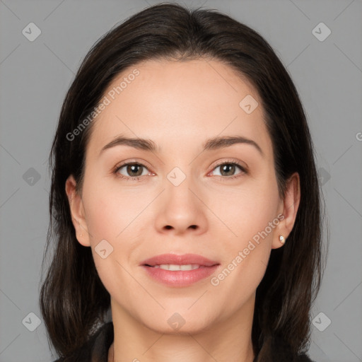 Joyful white young-adult female with medium  brown hair and brown eyes