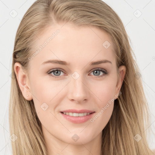 Joyful white young-adult female with long  brown hair and grey eyes