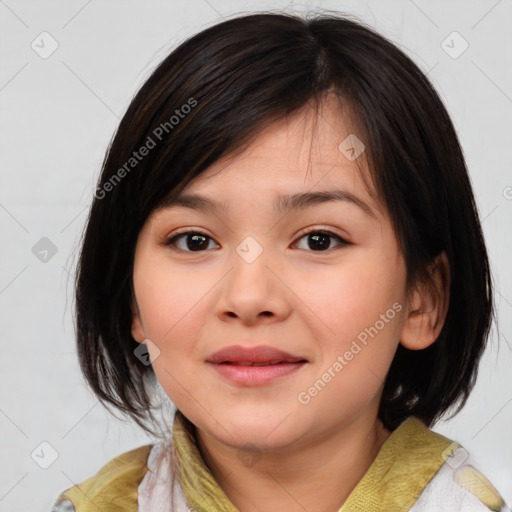 Joyful white child female with medium  brown hair and brown eyes