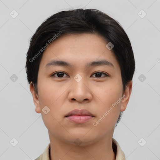 Neutral asian young-adult male with short  brown hair and brown eyes