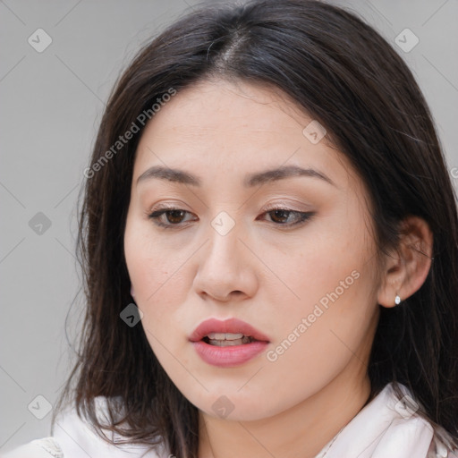 Neutral white young-adult female with medium  brown hair and brown eyes