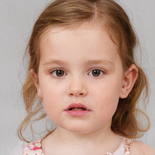 Neutral white child female with medium  brown hair and blue eyes